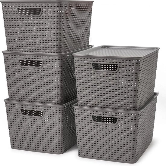 Set di 5 Cassetti di Archiviazione con Coperchio in Plastica, Aspetto di Rame, 17L - Per Cucina, Armadio, Cassetto