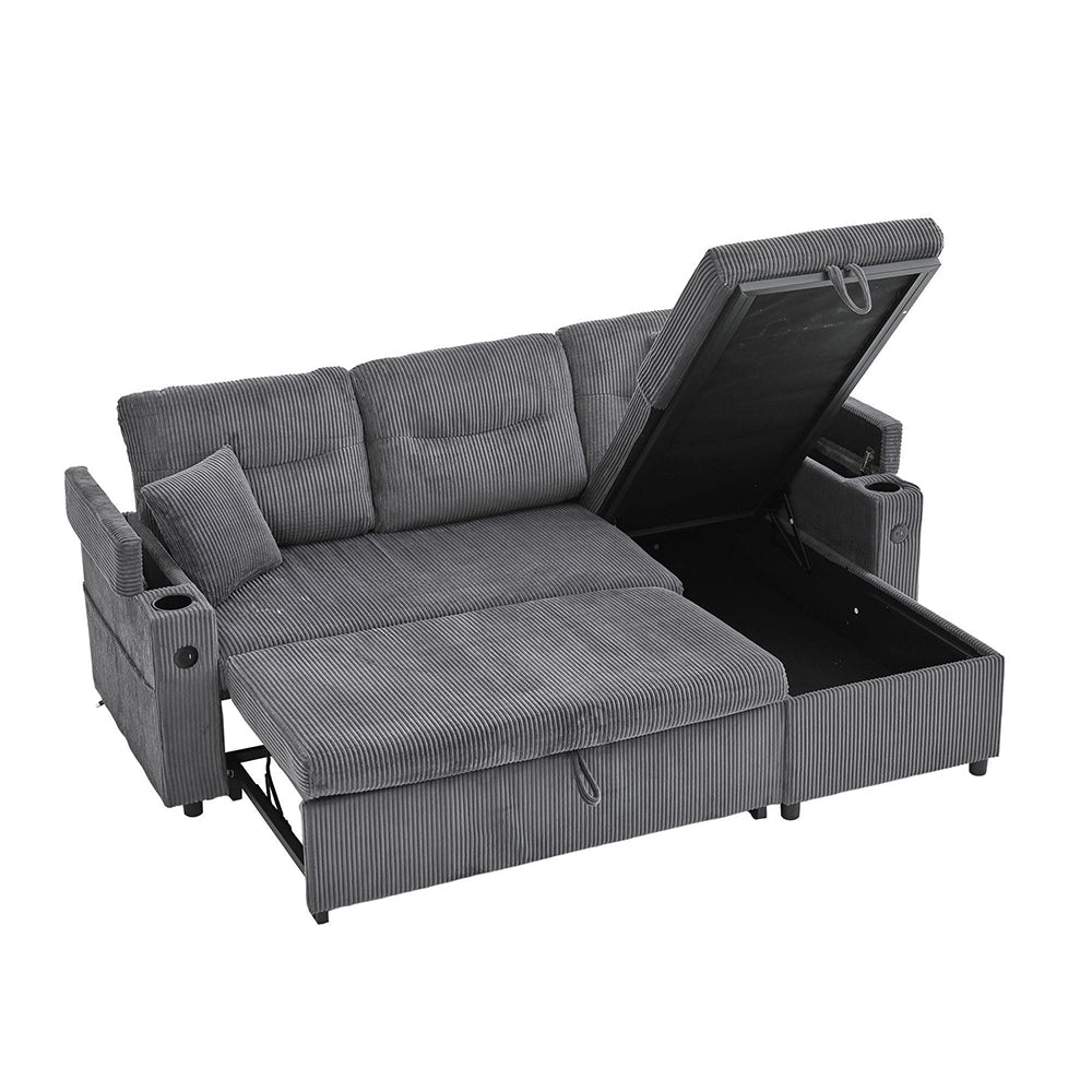 Divano moderno 3 posti - Xylo - Velluto costato, spazio di archiviazione, porta bevande, USB-C, chaise longue idraulica, letto a cassetti