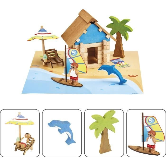 The Beach Hut 55 Pezzi - JEUJURA - Gioco di Costruzioni in Legno Naturale, Tappetino e Accessori Inclusi, 22x18,5x8,5 cm