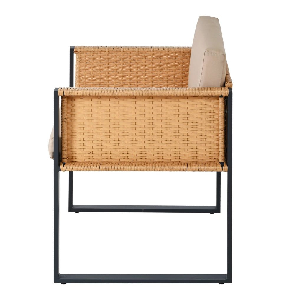 Set da pranzo da giardino in PE rattan con tavolo in vetro temperato e 6 sedie; nero e marrone