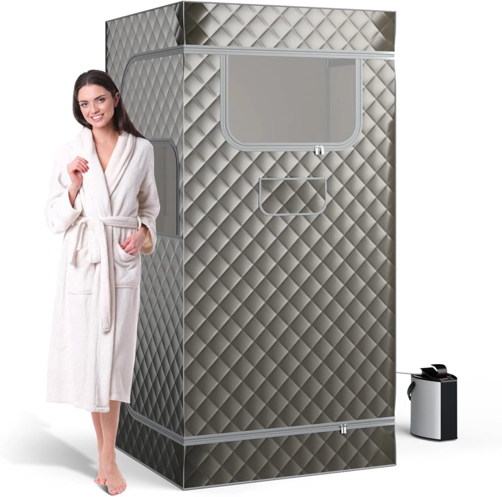 Sauna a Vapore Portatile 3L, Sauna da Casa con 9 Livelli di Regolazione della Temperatura da 35-63℃, Telecomando, Sedia Pieghevole e Massaggiatore per Piedi in Legno (Grigio)