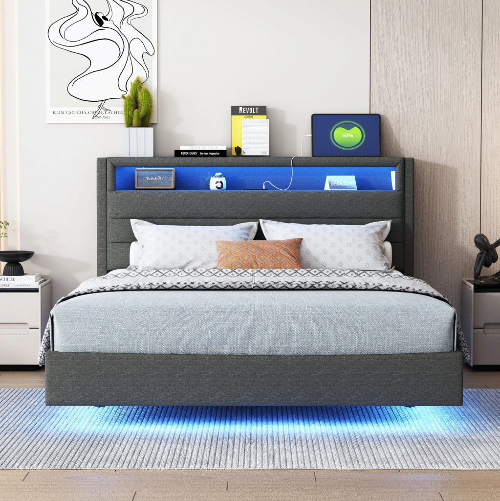 Letto imbottito matrimoniale 140x200 cm con USB; LED e testiera contenitore grigio