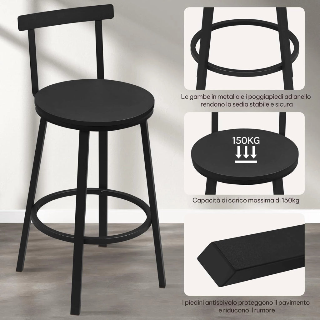 Sgabelli Cucina Set di 4, Sgabelli da Bar per Colazione, con Poggiapiedi e Schienale, Struttura in Metallo, Nero