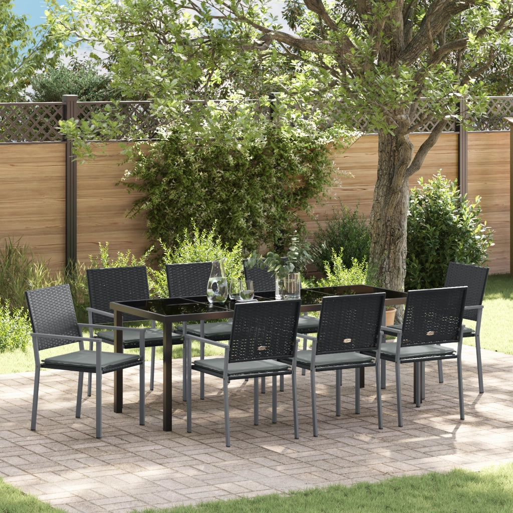 Set da pranzo da giardino 9 pezzi con cuscini in polyrattan nero