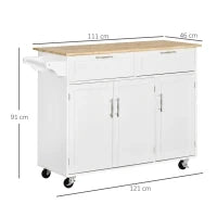 Carrello da Cucina Multiuso in Legno con 2 Cassetti, 3 Antine e 4 Ruote 121x46x91cm - Bianco