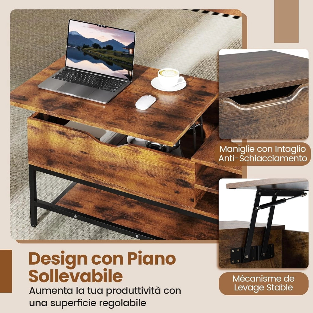 Tavolino da Caffè con Piano Sollevabile e Scomparto Nascosto, Tavolo da Salotto in Legno con Ripiano Portaoggetti, Ideale per Piccoli Spazi (Marrone)