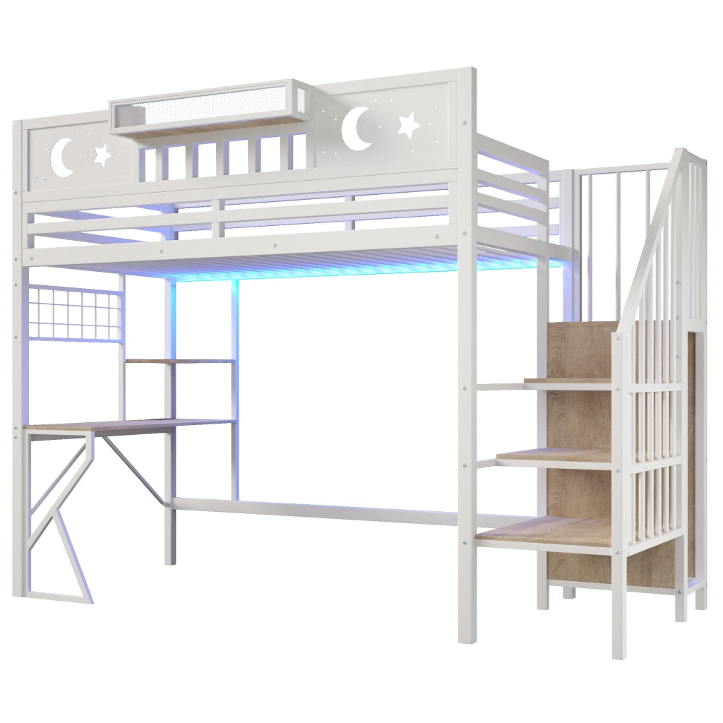 Letto a soppalco 90x200 con scrivania in metallo e MDF; bianco; LED e USB