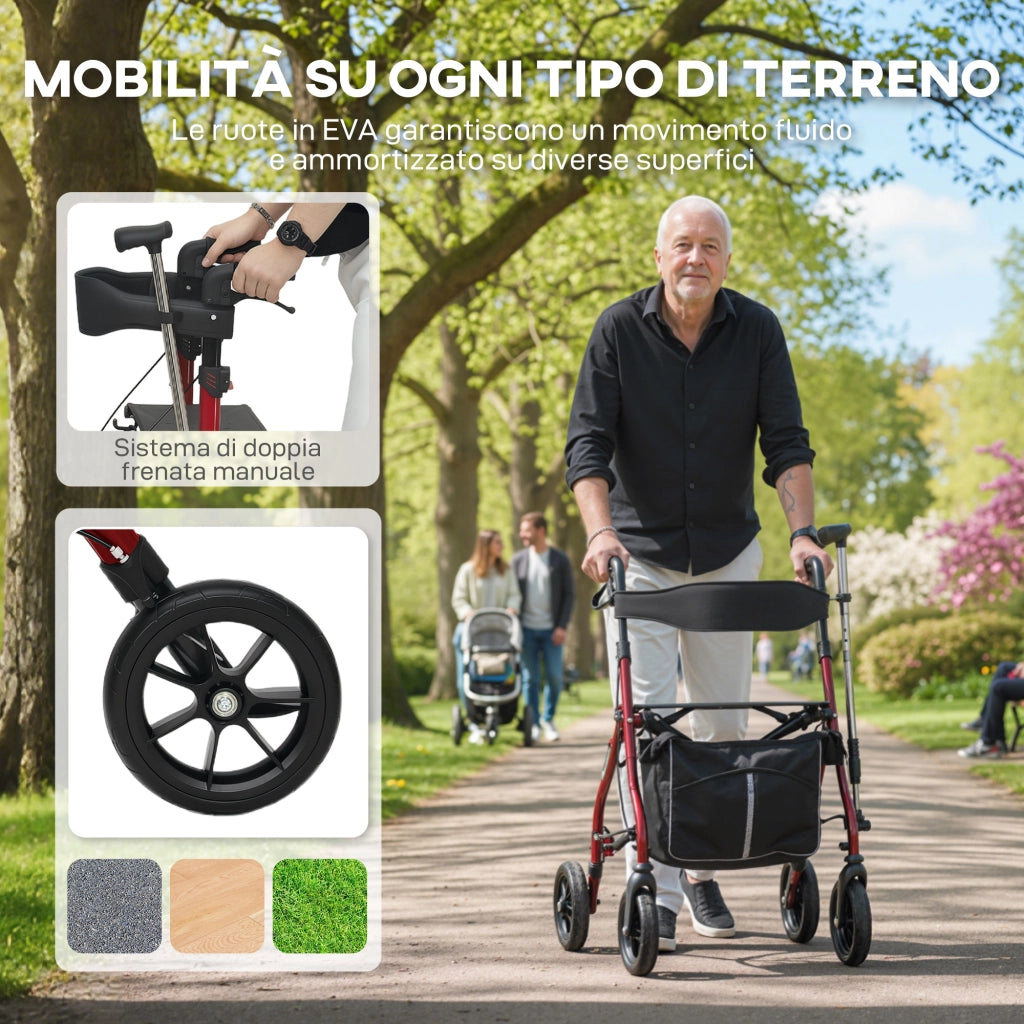 Deambulatore con Seduta e Schienale per Anziani Pieghevole 68x64x85,5-95,5 Altezza Regolabile Borsa e Porta Bastone in
