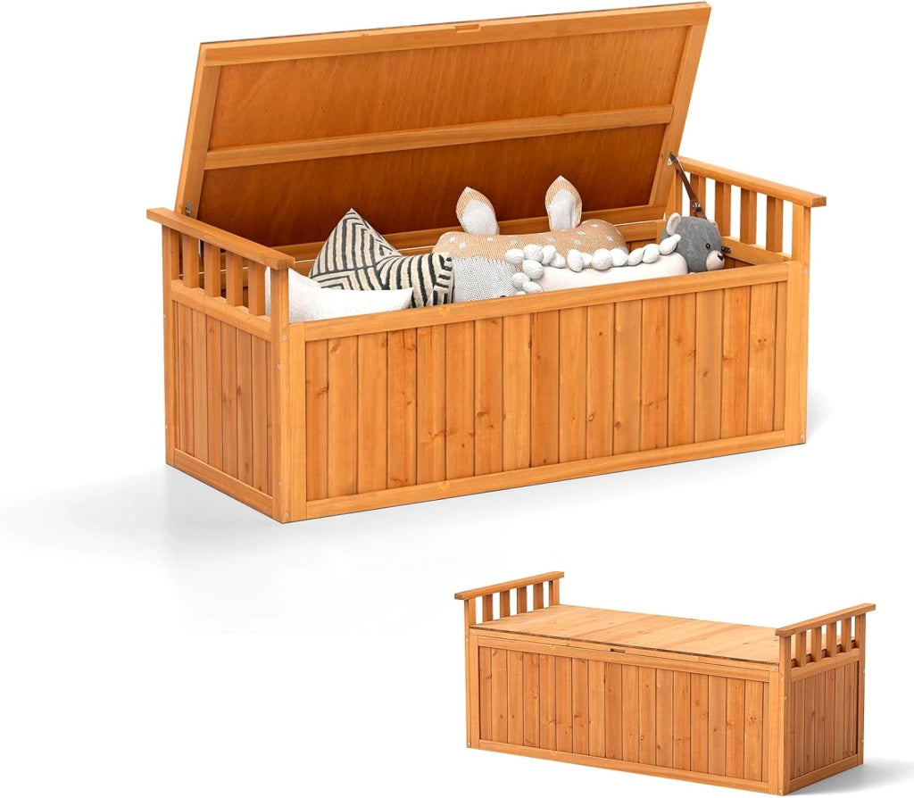 Panchina da giardino a 2 posti, in legno con spazio di archiviazione 207 l, resistente alle intemperie, con braccioli, 128 cm, per giardino, cortile e balcone (Naturale)