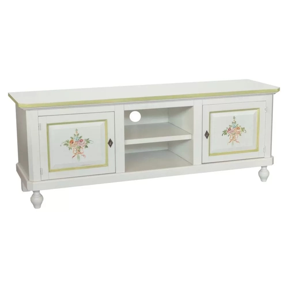 Porta tv in legno 2 ante shabby bianco decoro filo verde 150x43x56 - Mobili 2G