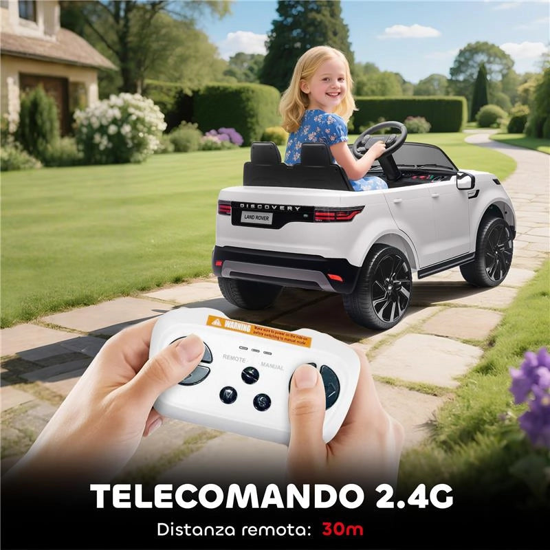 MACCHINA ELETTRICA PER BAMBINI LICENZA LAND ROVER CON FARI LED, CLACSON E TELECOMANDO, 105X68.5X58 CM, BIANCO
