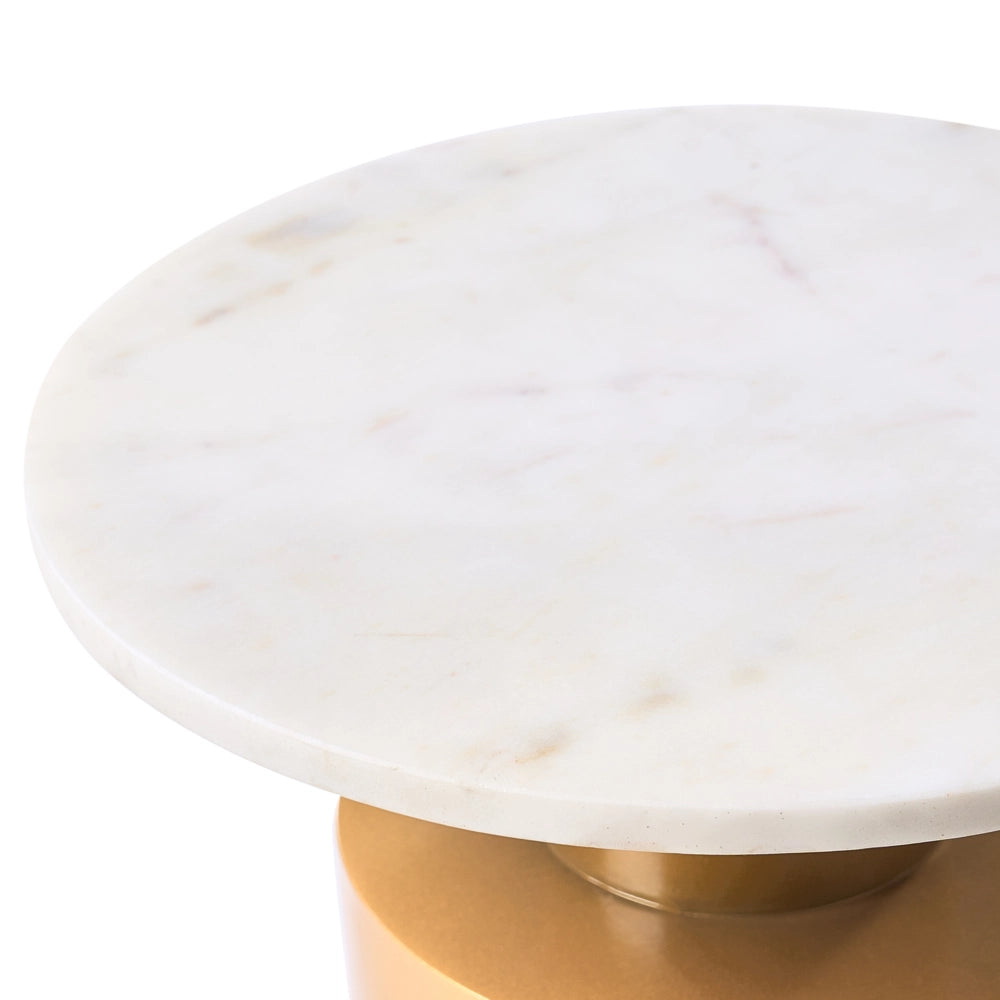 Tavolino moderno rotondo forma geometrica piano in pietra base in metallo bianco e oro soggiorno elegante
