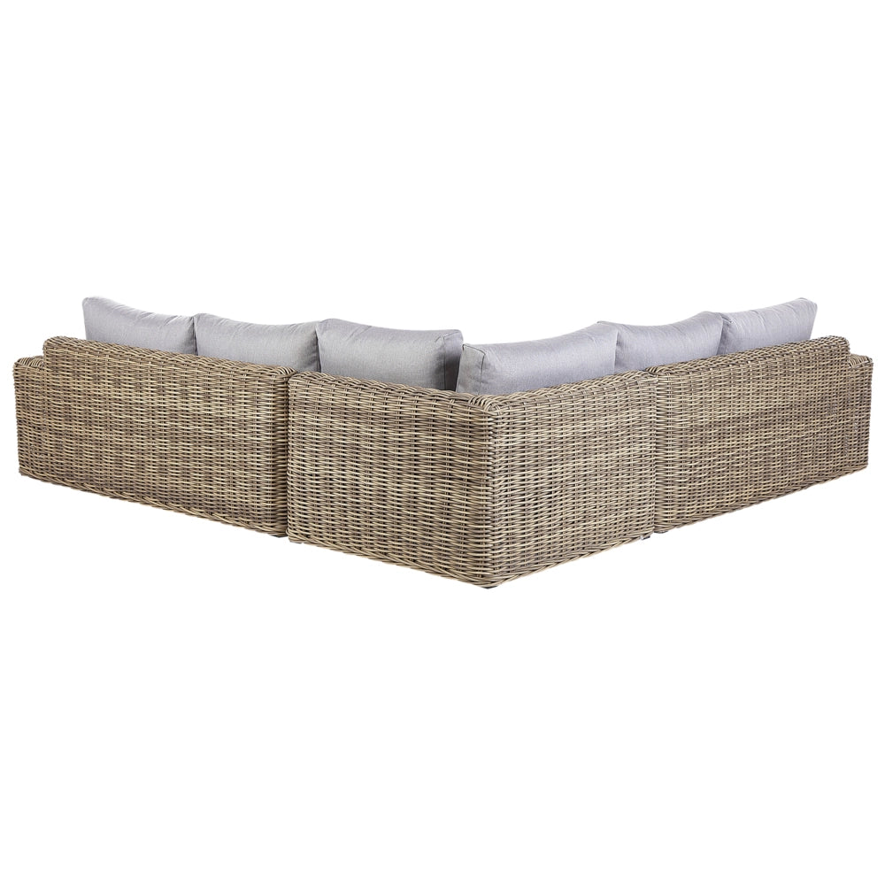 Set da giardino marrone chiaro in vimini spazzolato PE rattan divano angolare modulare con pouf cuscini grigi per esterni