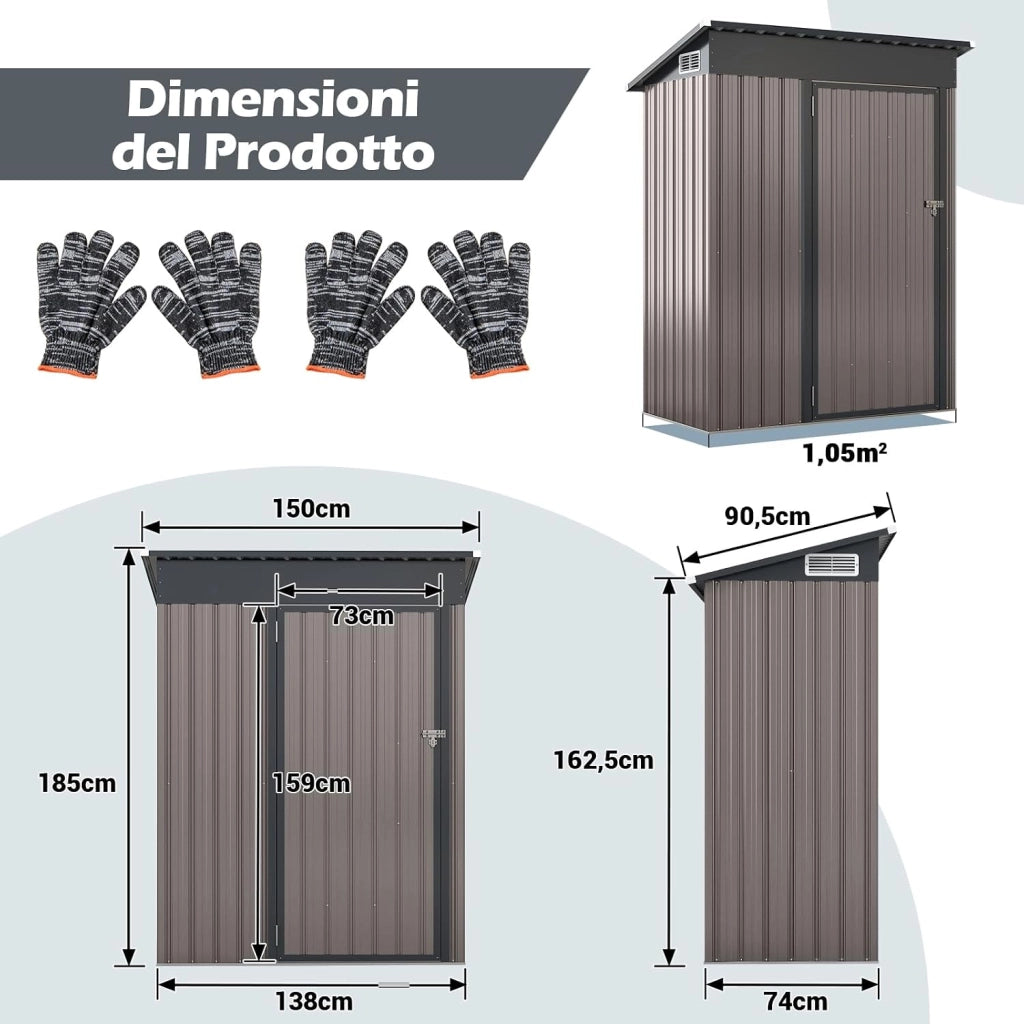 Armadio da Esterno 1,02㎡, Capanno da Giadino in Metallo Zincato con Tetto Inclinato, Venti d'Aria e Porta con Chiusura, Casetta Porta Attrezzi da Cortile, Prato e Patio (Grigio Chiaro)
