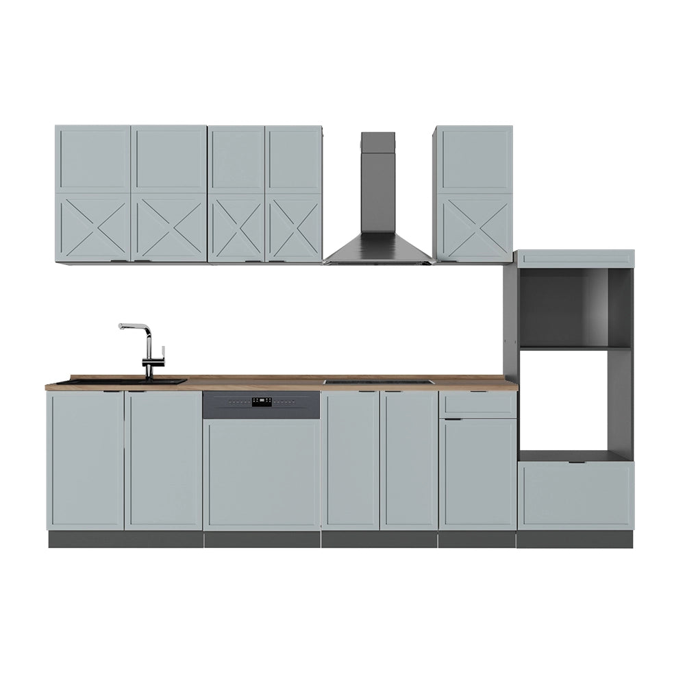 Cucina componibile Fame-Line Blu-grigio chiaro/Antracite 300 cm con armadio alto, PL Rovere Vicco