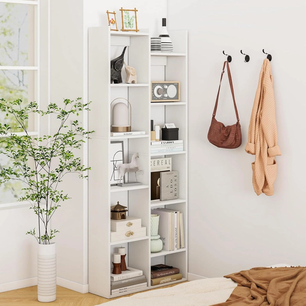 Libreria, scaffale con 12 scomparti aperti e 2 fusibili ribaltabili, 65 x 20 x 162 cm, scaffale in legno, per soggiorno, ufficio e camera da letto (naturale)
