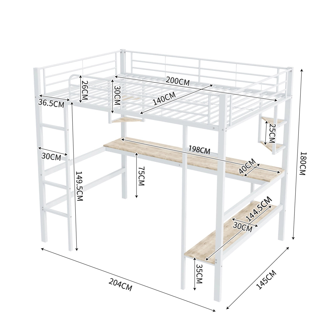 Letto a soppalco 140x200 cm in metallo con scrivania e libreria