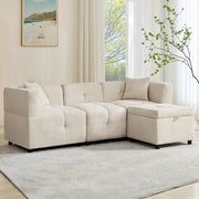 Divano modulare 3 posti in ciniglia beige con pouf contenitore e 2 cuscini HOMVRA