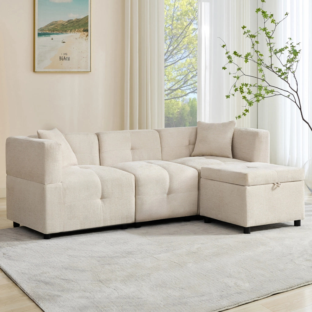 Divano modulare 3 posti in ciniglia beige con pouf contenitore e 2 cuscini HOMVRA