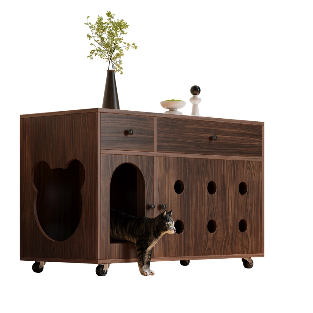 Mobile copri lettiera per gatti con 2 cassetti e vaschetta estraibile, per soggiorno, in MDF, noce, 100 × 45 × 66 cm