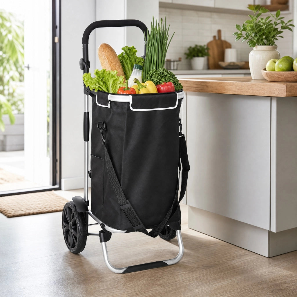 Trolley spesa 47x17x48 cm 3 in 1 con scomparto termico in alluminio nero