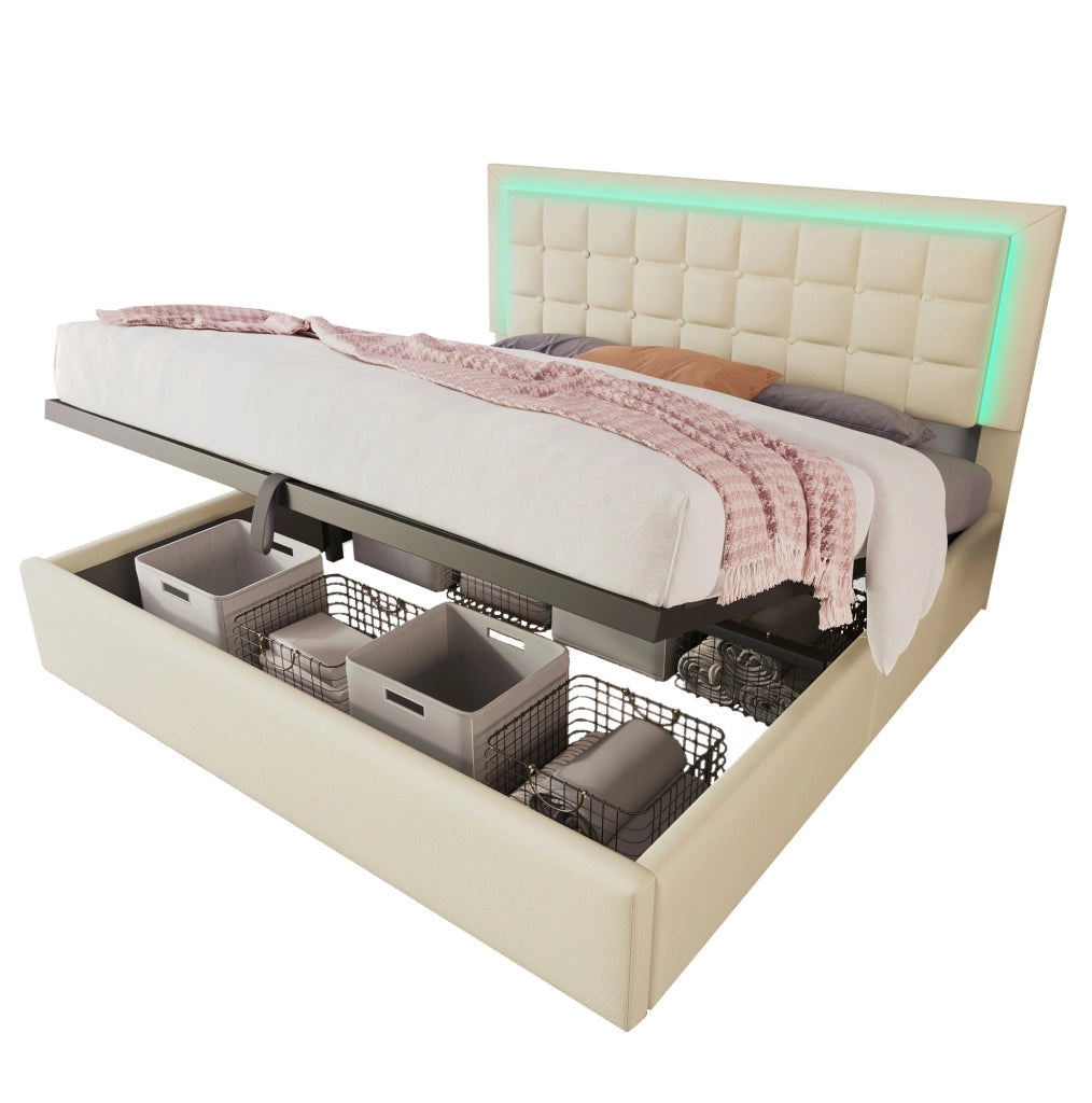 Letto matrimoniale 160x200 cm con contenitore; LED e rivestimento in PU bianco