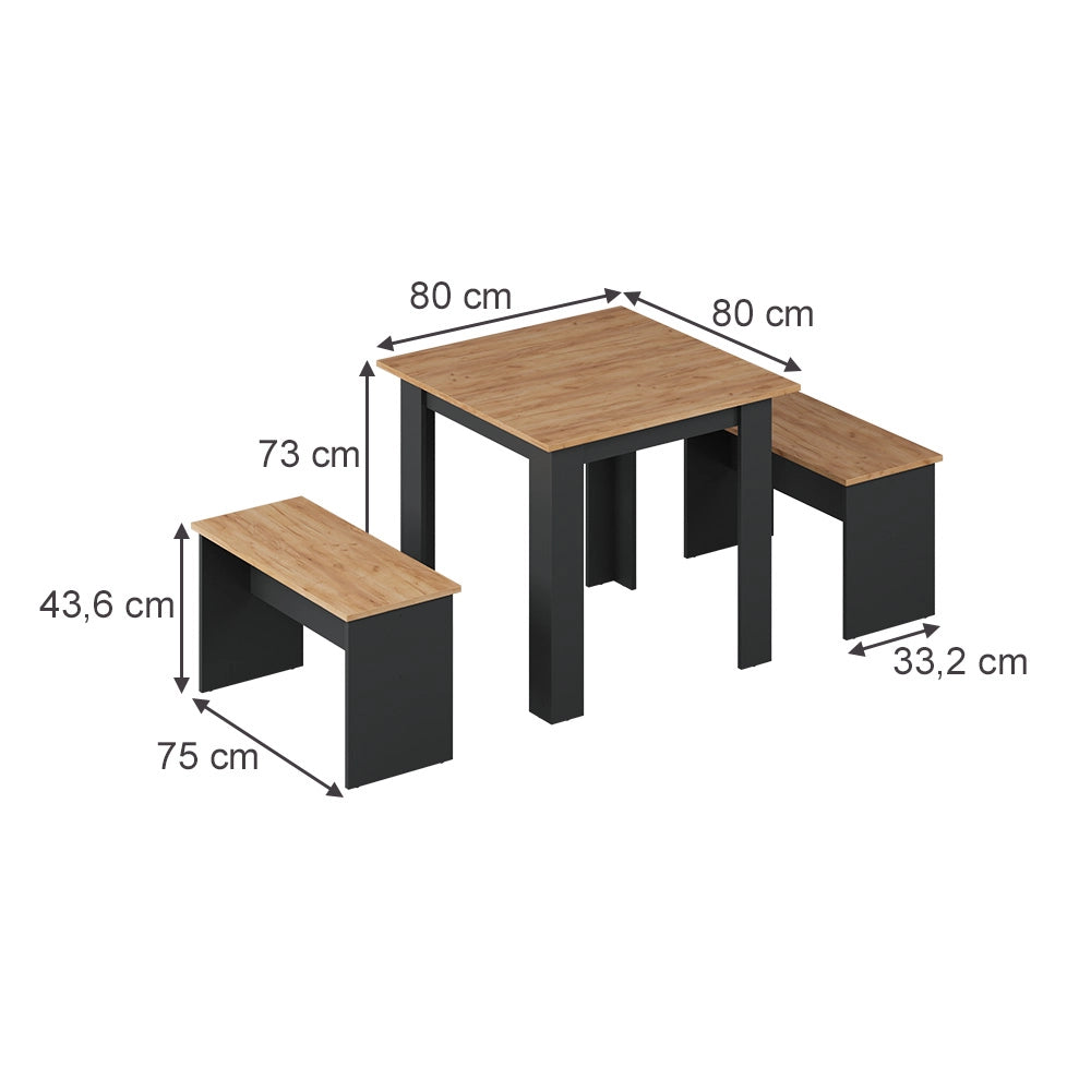 Vicco Set di tavoli da pranzo Antracite/quercia dorata 80 x 80 cm con 2 panche