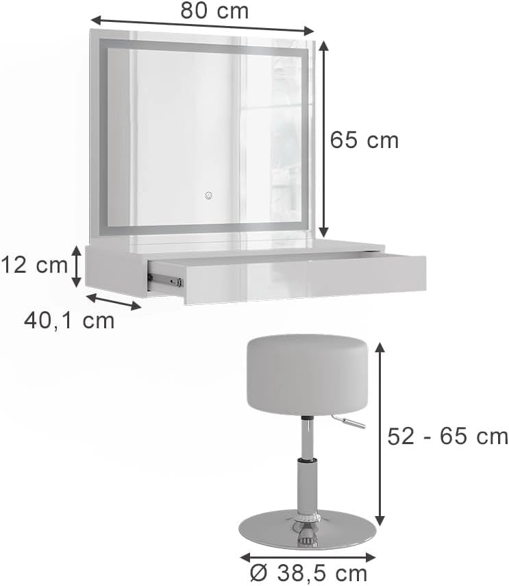 Tavolo da toeletta Sherry, Bianco/bianco lucido, 120 cm 3 parti, con illuminazione LED e specchio integrato