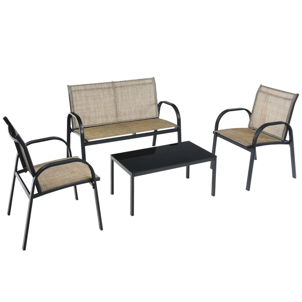Set mobili da giardino con 4 pezzi per chiacchierare, Sedie da cortile in ferro e tessuto a rete con tavolino in vetro Marrrone-Set mobili da esterno