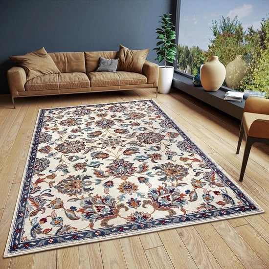 Tapijt orientale, loper orientale, classico tessuto fitto con motivi ornamentali e floreali, morbido, bassopoli, tappeto per camera da letto, sala da pranzo, soggiorno, ingresso, cucina, crema, 57 x 90 cm