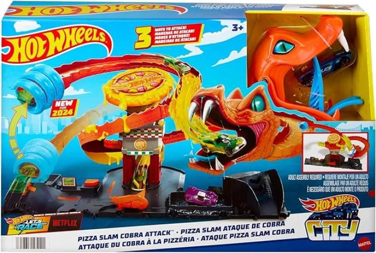 Pista-Hot Wheels `Let`s Race` Netflix - Attacco del Cobra in Pizzeria, playset con pista a spirale e funzione a scompars