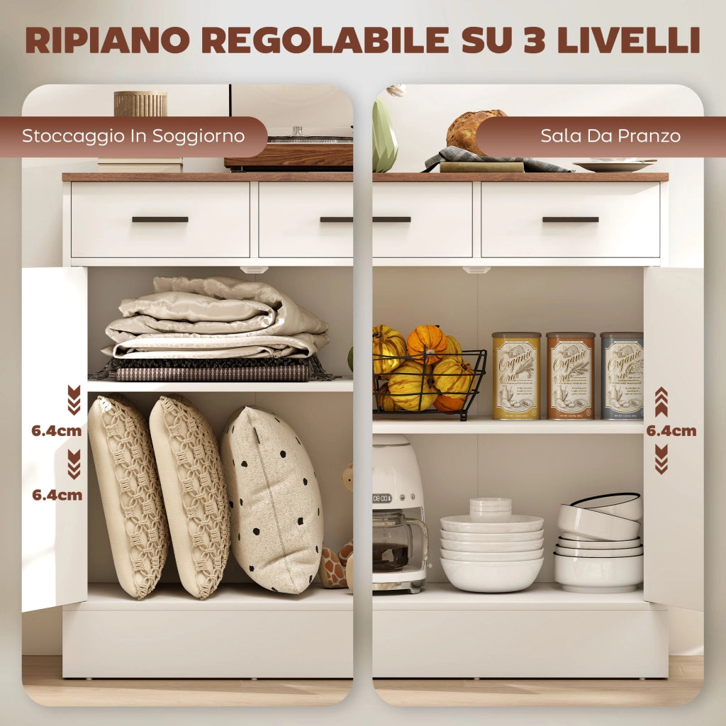 Credenza Moderna 2 Cassetti e Armadietto 2 Ante, Ripiano Interno Regolabile, Bianco e Legno 963337