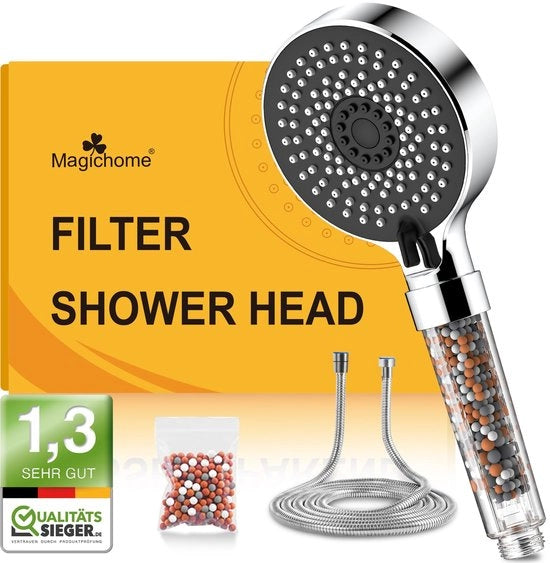 Douchekop con goccia 2M, filtro per doccia a mano con pietre minerali e 5 tipi di getto, con funzione di risparmio d'acqua e aumento di pressione, dotato di filtrazione a 3 strati e pietre aggiuntive