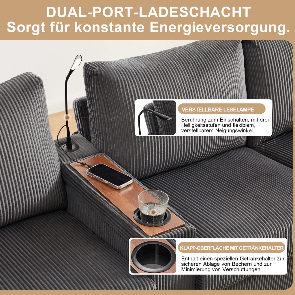 Divano a U in velluto a coste grigio con LED, USB/Type-C, 2 pouf e lampada