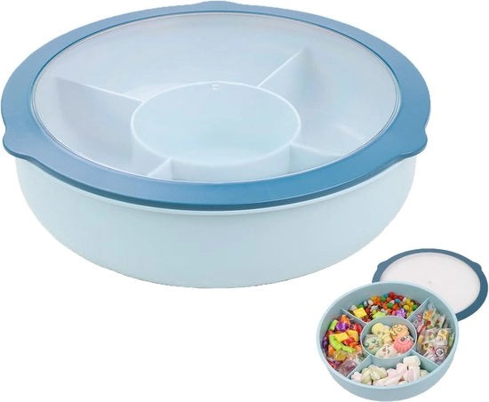 Tavolo per snack con 5 contenitori, snackbox con coperchio trasparente, scatole per snack in plastica, piatto per frutta, riutilizzabile, sostenibile per noci, dessert (verde, blu, rosa)