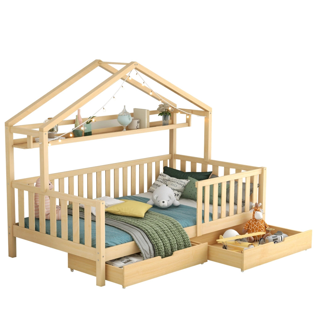 Letto a casetta per bambini 90x200 cm con cassetti, colore naturale, in legno di pino