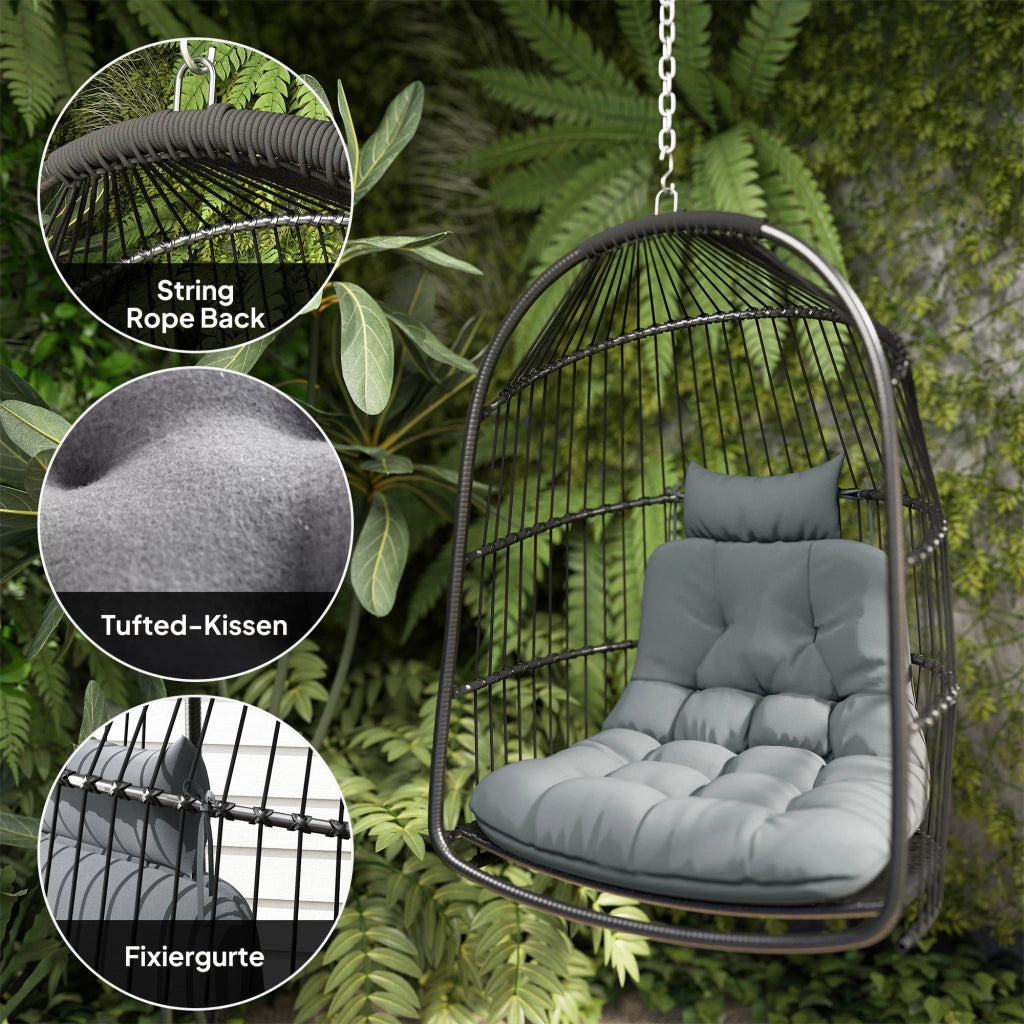 Poltrona a dondolo sospesa con cuscino ¨C Minimal ¨C Polyrattan grigio scuro pieghevole