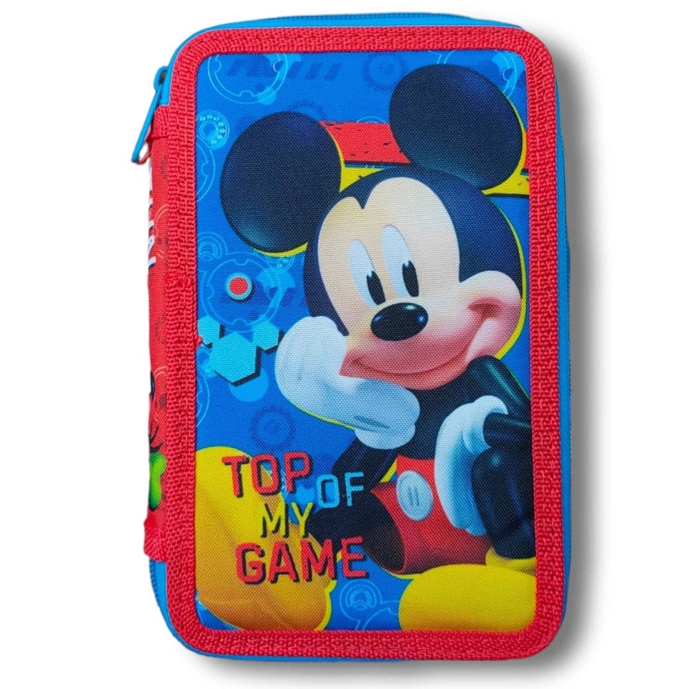 Trade Shop - Astuccio Portapastelli Scuola 3 Zip Topolino Accessoriato Pastelli Pennarelli Mm -
