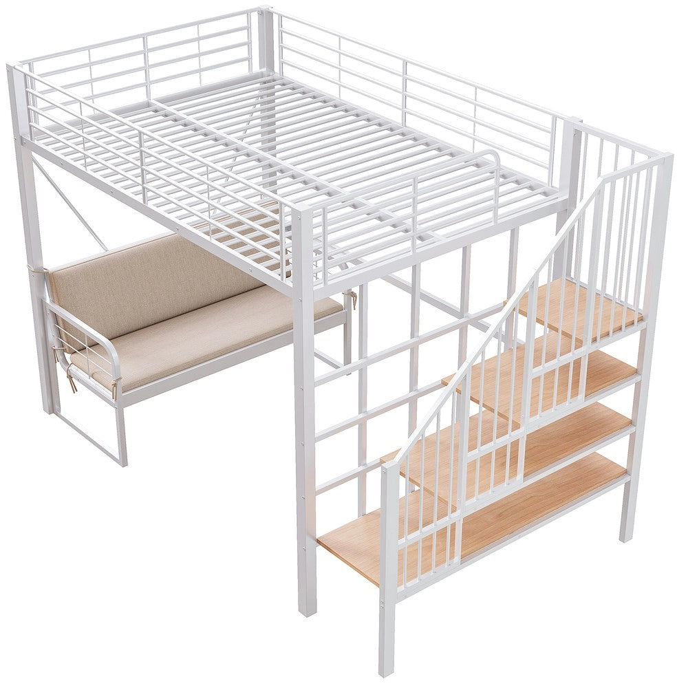 Letto a castello stabile - Zephmum- (140x200) - Bianco - Con divano, spazio di archiviazione e scala di sicurezza