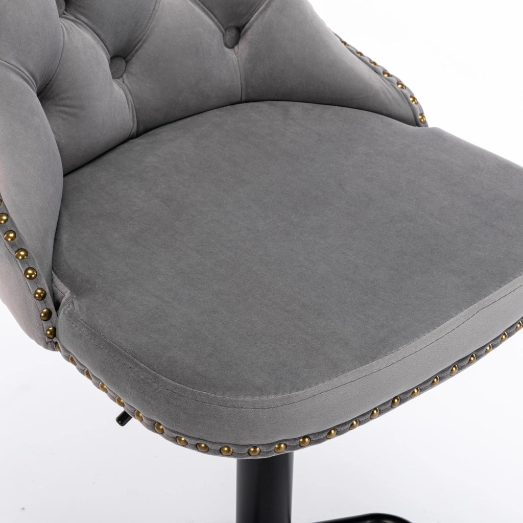 Sgabello da bar girevole in velluto con altezza regolabile, schienale ergonomico e base cromata stabile, grigio