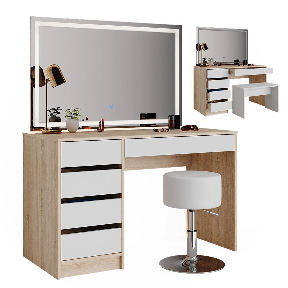 Vicco Tavolo da toeletta Bianco/Sonoma 55 cm con specchio LED e sgabello