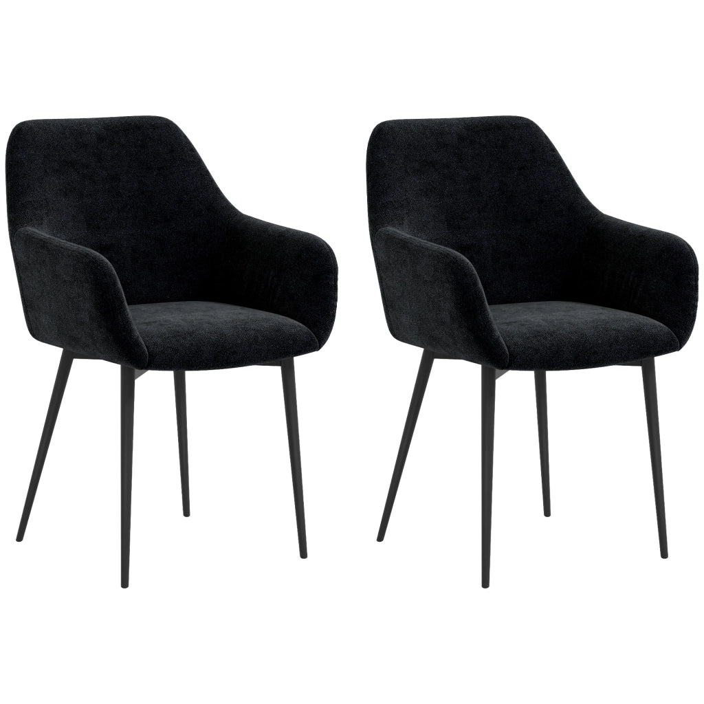 Set 2 Sedie per Sala da Pranzo Moderne con Braccioli, Seduta Imbottita e Gambe in Acciaio, 54x57x80cm, Nero