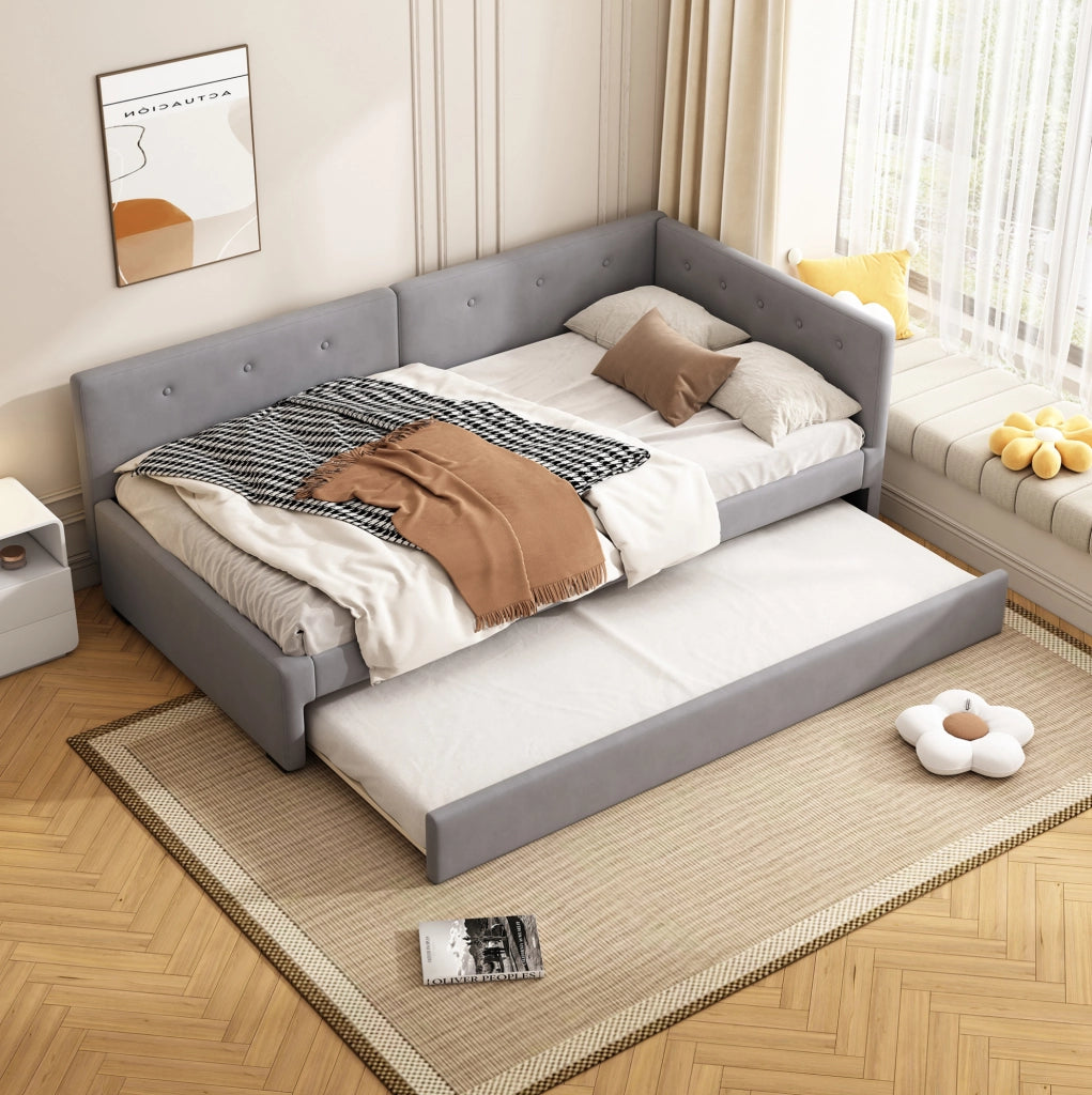Letto singolo 90x200 cm con letto estraibile; velluto grigio