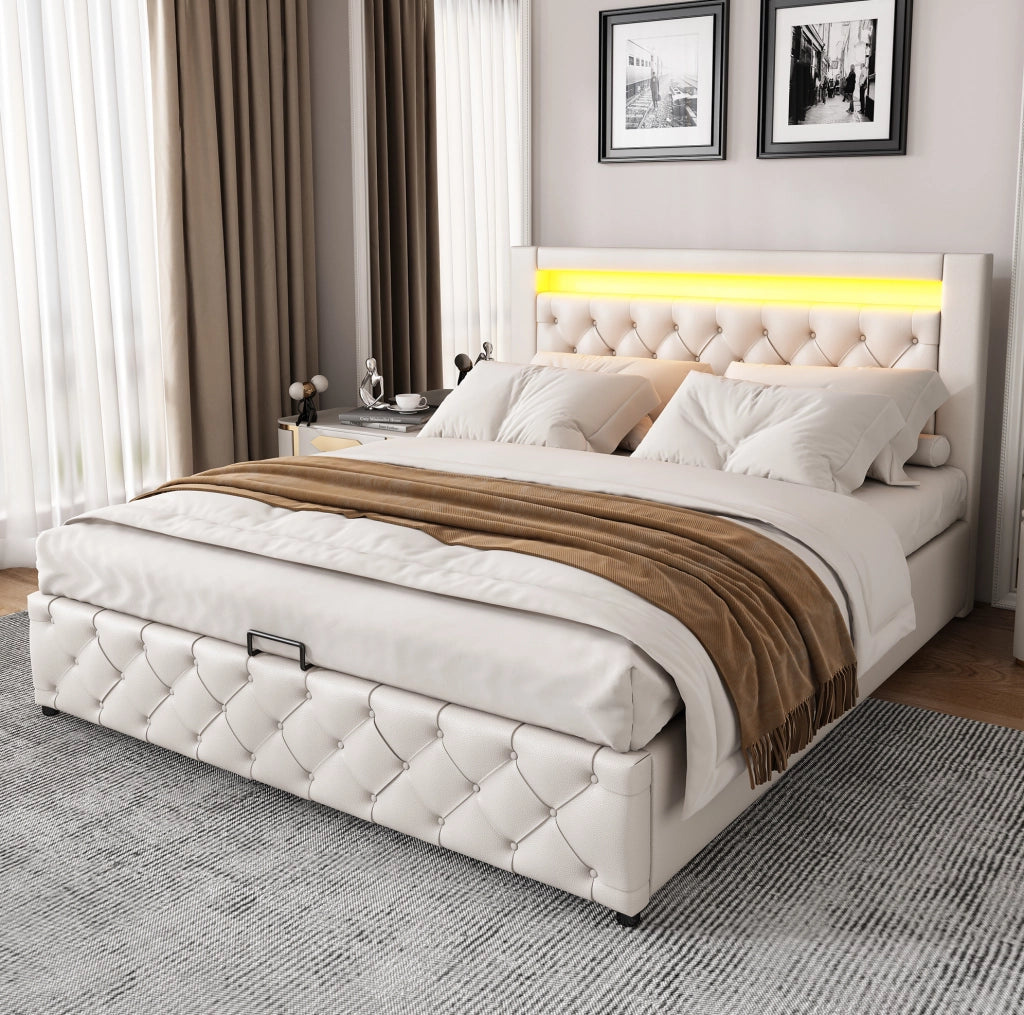 Letto imbottito 160x200 cm con LED e vano contenitore, bianco