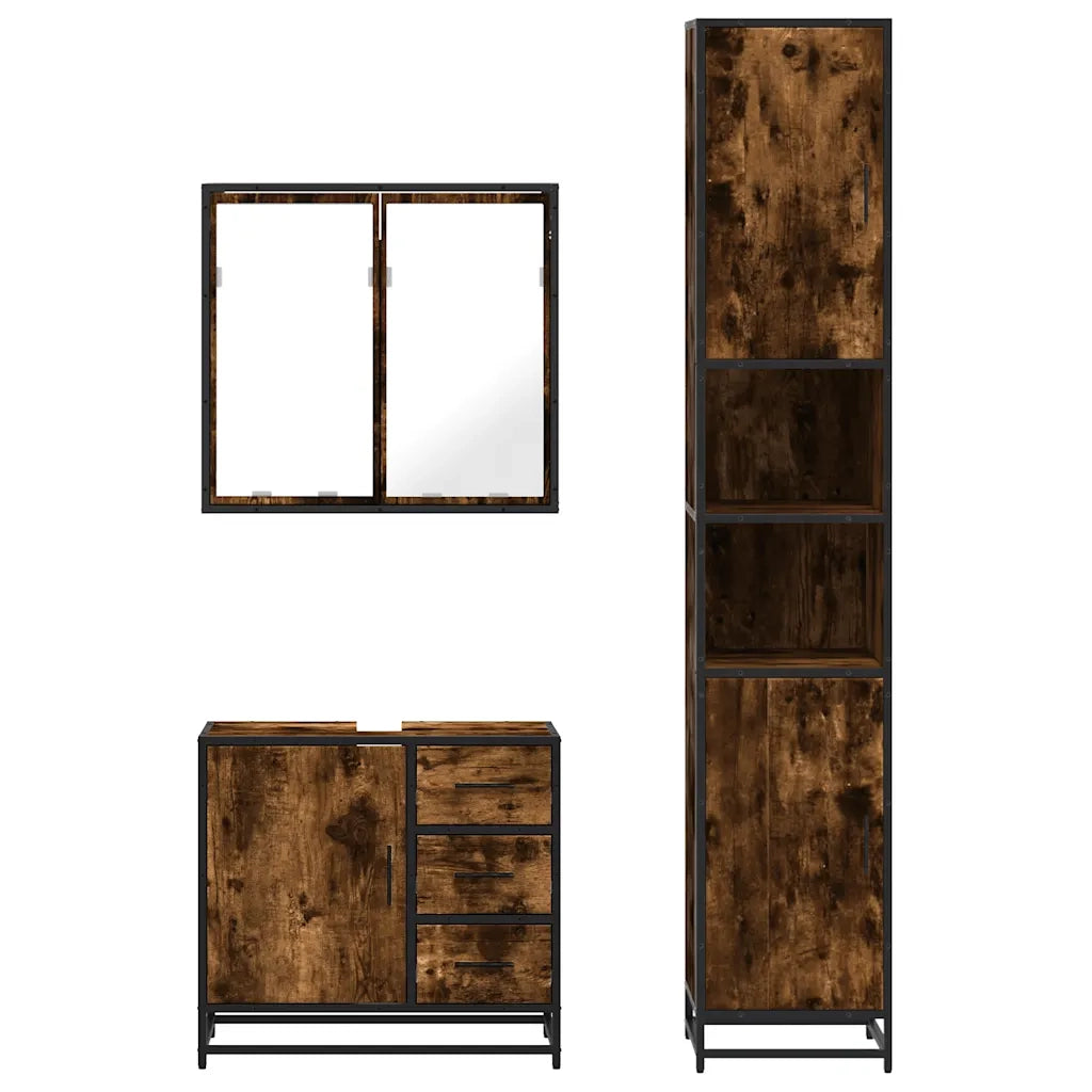 Set Mobili da Bagno 3 pz Rovere Fumo in Legno Multistrato 3301077