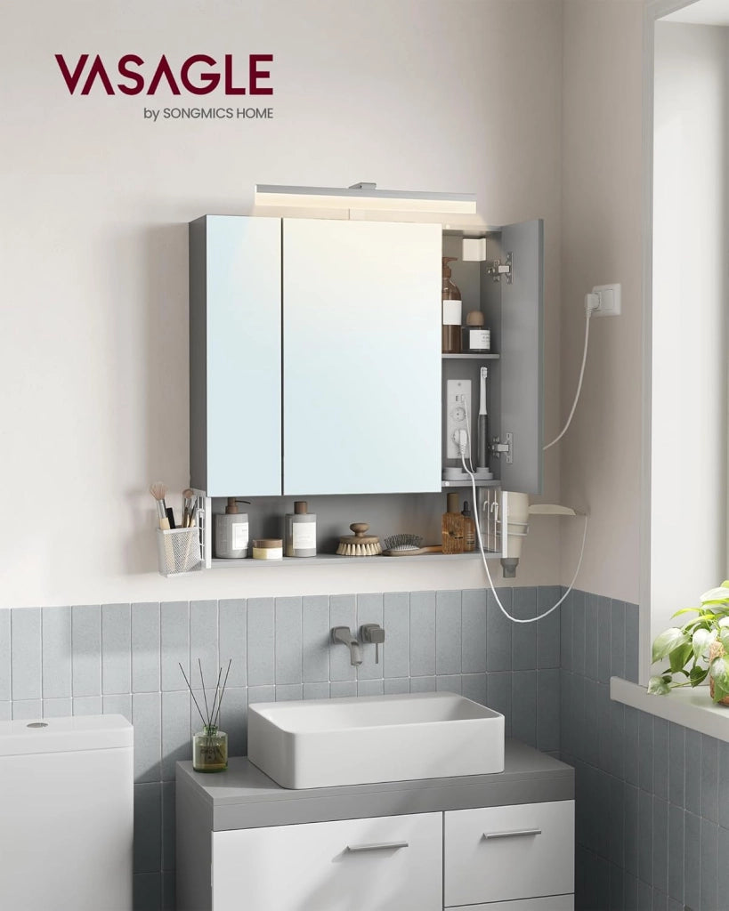 VASAGLE Mobile da Bagno con Illuminazione a LED, 16,5 x 70 x 75 cm, Multipresa Cestino Appeso Supporto per Asciugacapelli per Bagno Lavabo, Bianco Nuvola e Grigio Tortora BBK126G01