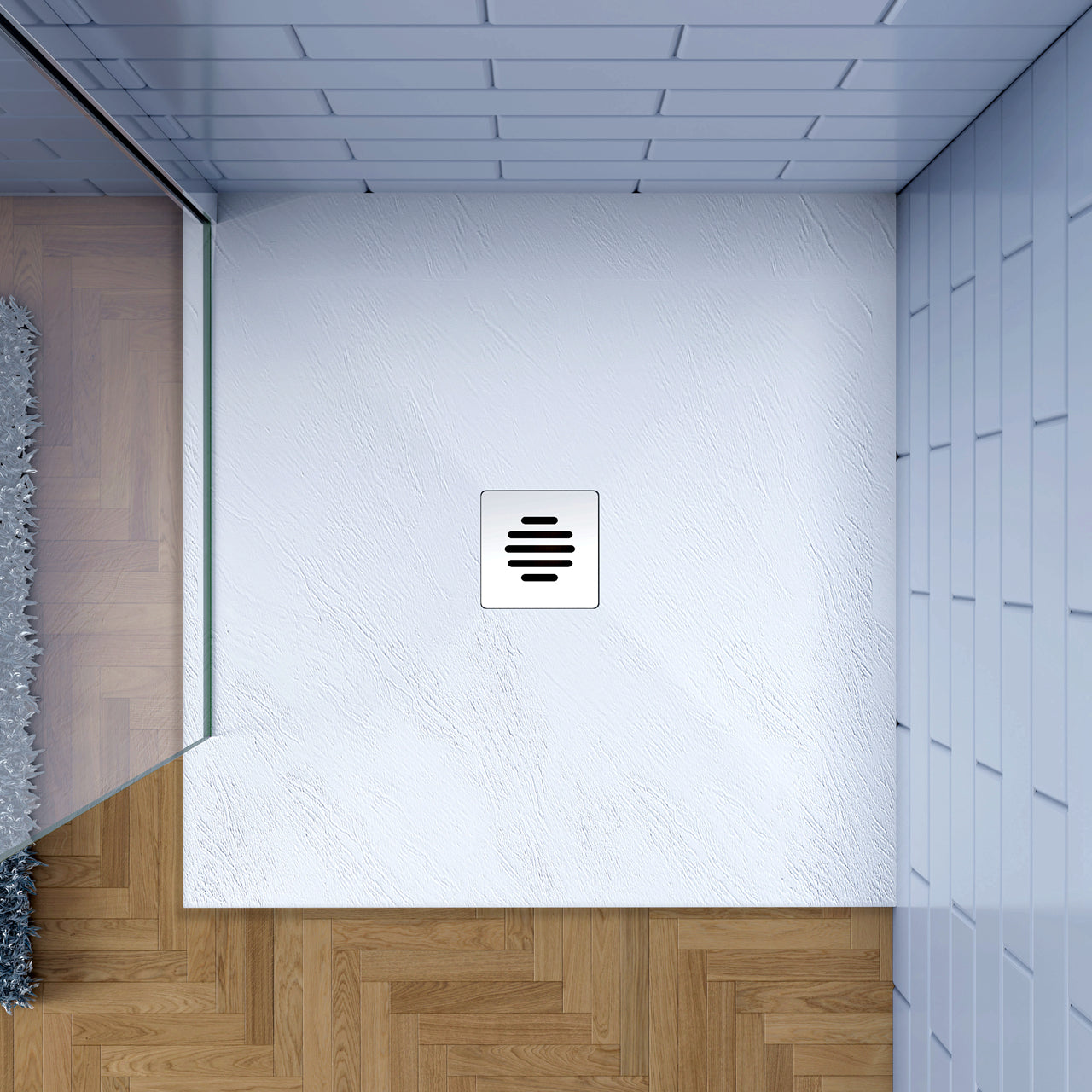 Piatto Doccia Bianco 80x80cm di Spessore da 3 cm in Pietra Artificiale e Mesina Mista Effetto Ardesia Ruvido Piletta e Tubo inclusi