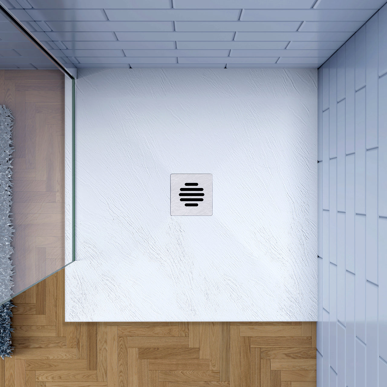 Piatto Doccia Bianco 76x76cm in Pietra Artificiale e Mesina Mista Effetto Ardesia Ruvido Piletta e Tubo inclusi Spessore di 3 cm