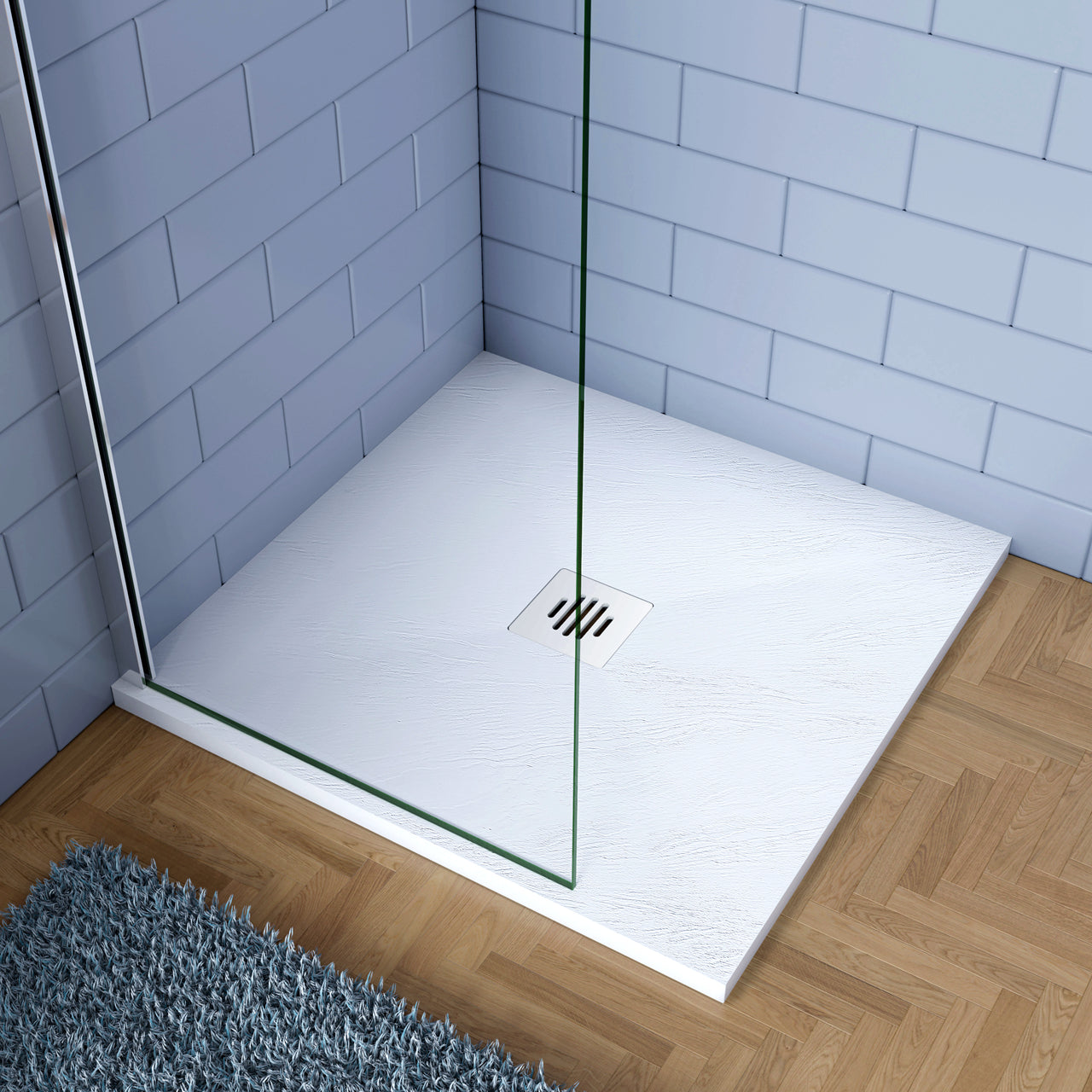 Piatto Doccia Bianco 80x80cm di Spessore da 3 cm in Pietra Artificiale e Mesina Mista Effetto Ardesia Ruvido Piletta e Tubo inclusi