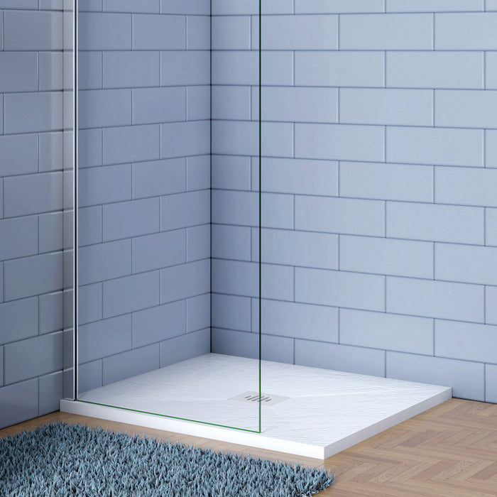 Piatto Doccia Bianco 76x76cm in Pietra Artificiale e Mesina Mista Effetto Ardesia Ruvido Piletta e Tubo inclusi Spessore di 3 cm